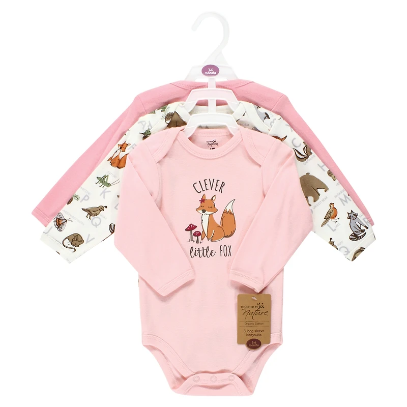 Touched by Nature Baby Girls Organic Cotton Long-Sleeve Bodysuits Woodland Alphabet 3-Pack