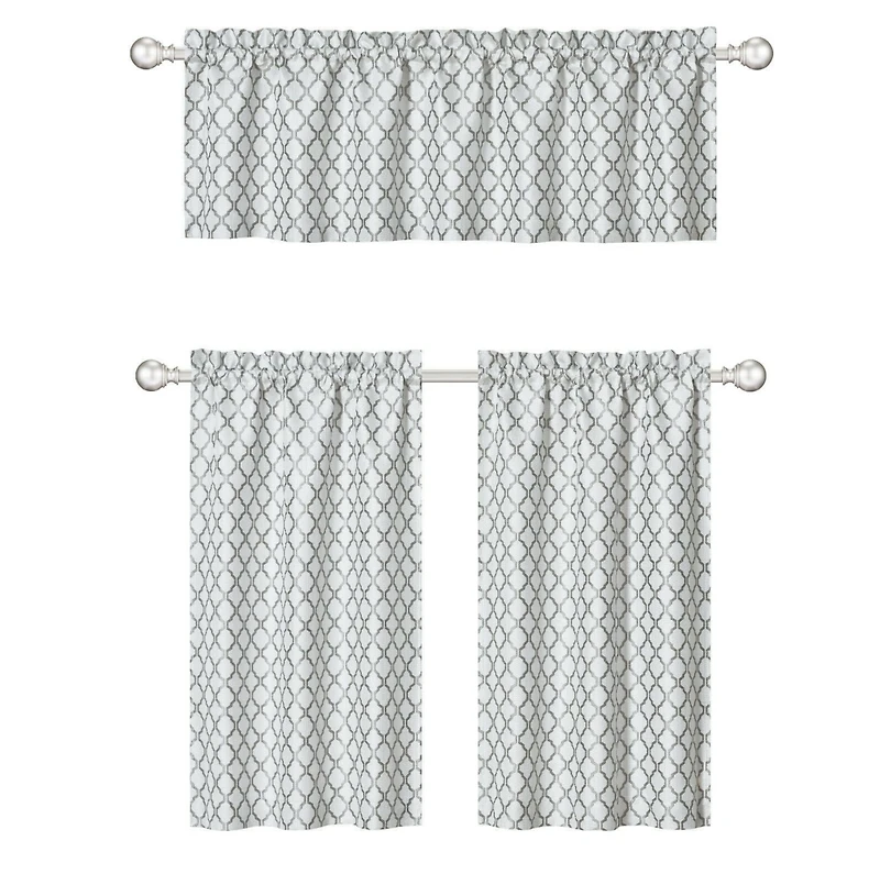 Kate Aurora White & Gray Complete 3 Piece Moroccan Geometric Kitchen Curtain Tier & Valance Set