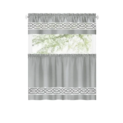 Kate Aurora Pacifico Complete 3 Piece Rod Pocket Embroidered Tier & Valance Kitchen Curtain Set
