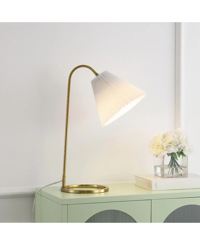 Jonathan Y Callie 22" Modern Glam Metal Arc Adjustable Head Led Table Lamp with Pleated Shade, Brass Gold/White