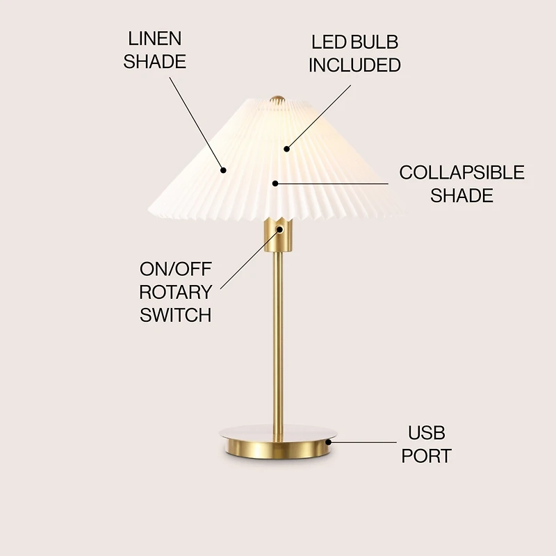 Jonathan Y Freida 21.25" Modern Glam Metal Column Led Table Lamp with Usb Charging Port and Pleated Shade, Brass Gold/White