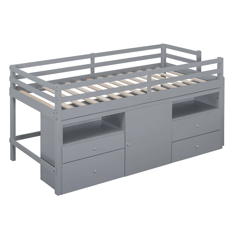 Simplie Fun Twin Loft Bed With 4 Drawers, Underneath Cabinet And Shelves, Espresso