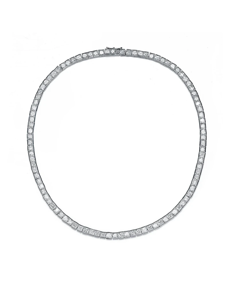 Sterling Silver White Gold Plated with Cubic Zirconia Princess Eternity Tennis Necklace