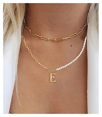 14K Gold Plated Initial Imitation Pearl Link Chain Necklace