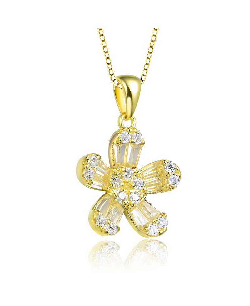 Sterling Silver with Gold Plated Multi Color Baguette Cubic Zirconia Flower Style Pendant Necklace