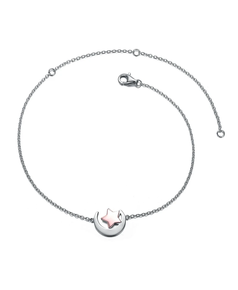 GiGiGirl Sterling Silver 18k Rose Gold Plated Lucky Star & Crescent Moon Charm Anklet, Adjustable Length
