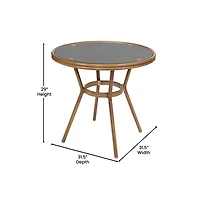 Merrick Lane Mael Bistro Style Table With Tempered Glass Top, Textilene, And Bamboo Finished Metal Frame For Indoor/Outdoor Use