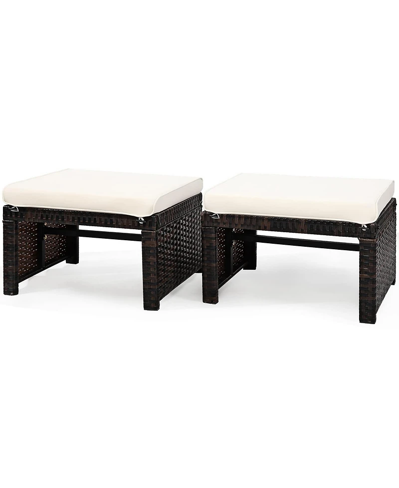 2 Pieces Patio Rattan Ottomans with Soft Cushion for and Garden