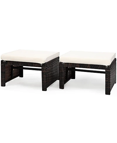 2 Pieces Patio Rattan Ottomans with Soft Cushion for and Garden