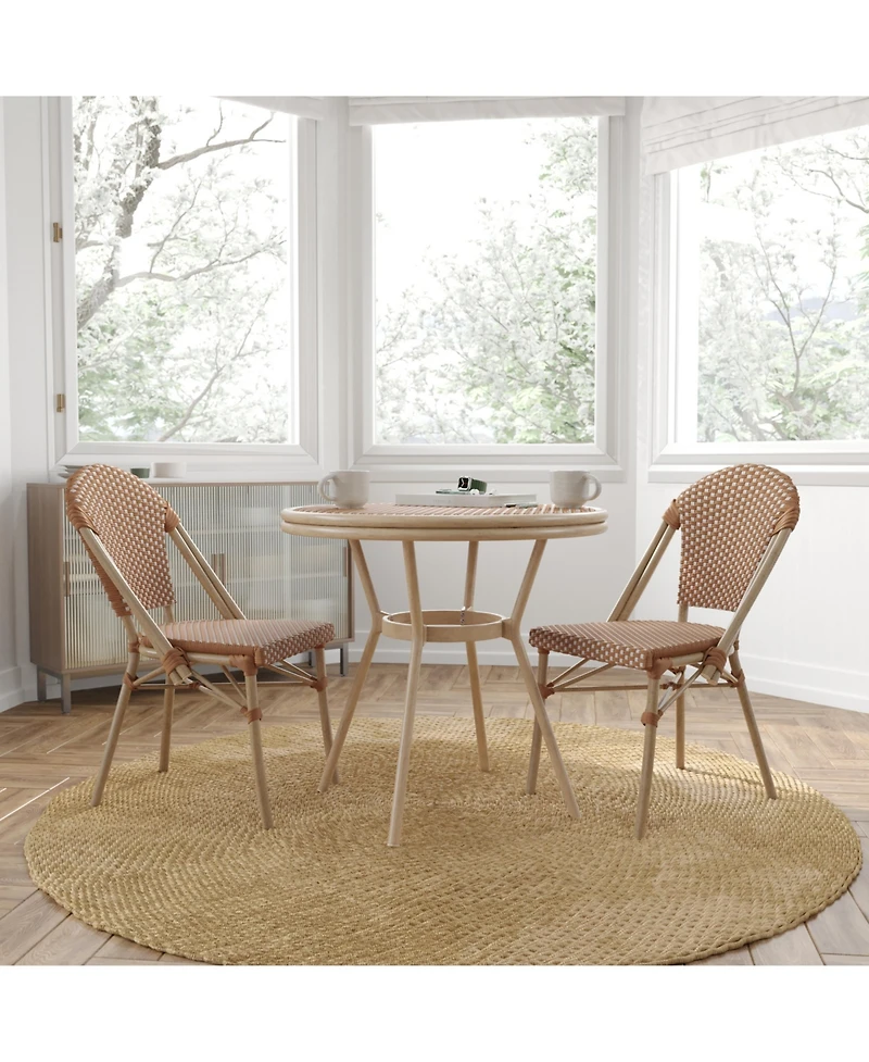 Merrick Lane Celia Bistro Style Table With Glass Top, Pe Rattan, Stack Chairs