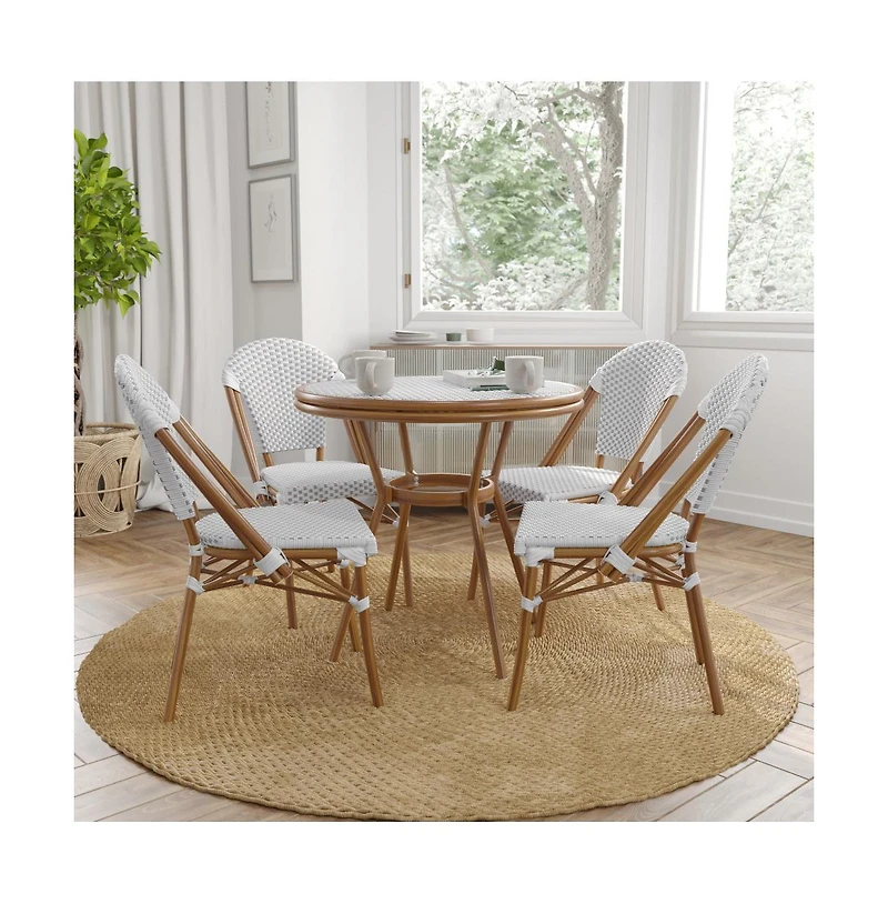 Merrick Lane Celia Bistro Style Table With Glass Top, Pe Rattan, Stack Chairs