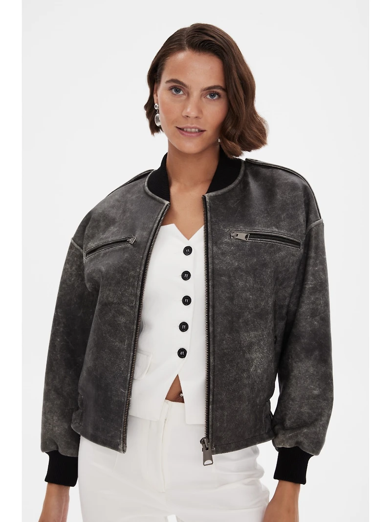 Furniq Uk Women's Leather Bomber Jacket, Black