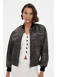 Furniq Uk Women's Leather Bomber Jacket, Black