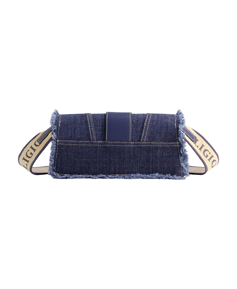 True Religion Frayed Denim Flap Bag with Logo Strap
