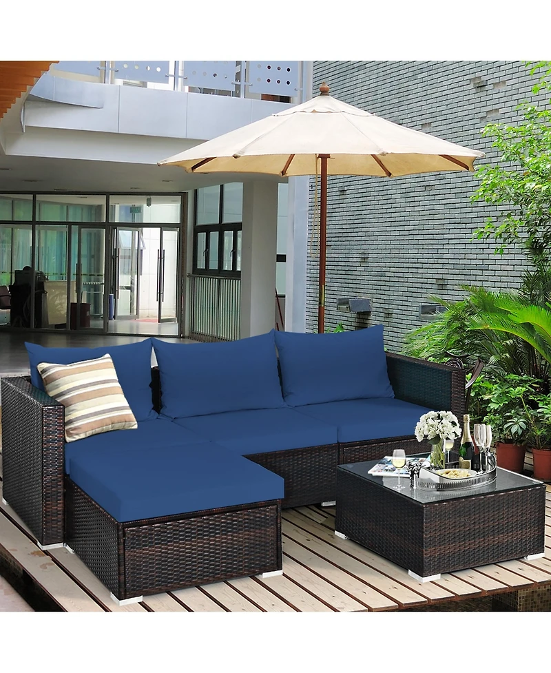 Gymax 5PCS Cushioned Rattan Patio Conversation Set w/ Ottoman Navy Cushion