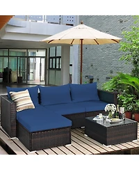 Gymax 5PCS Cushioned Rattan Patio Conversation Set w/ Ottoman Navy Cushion