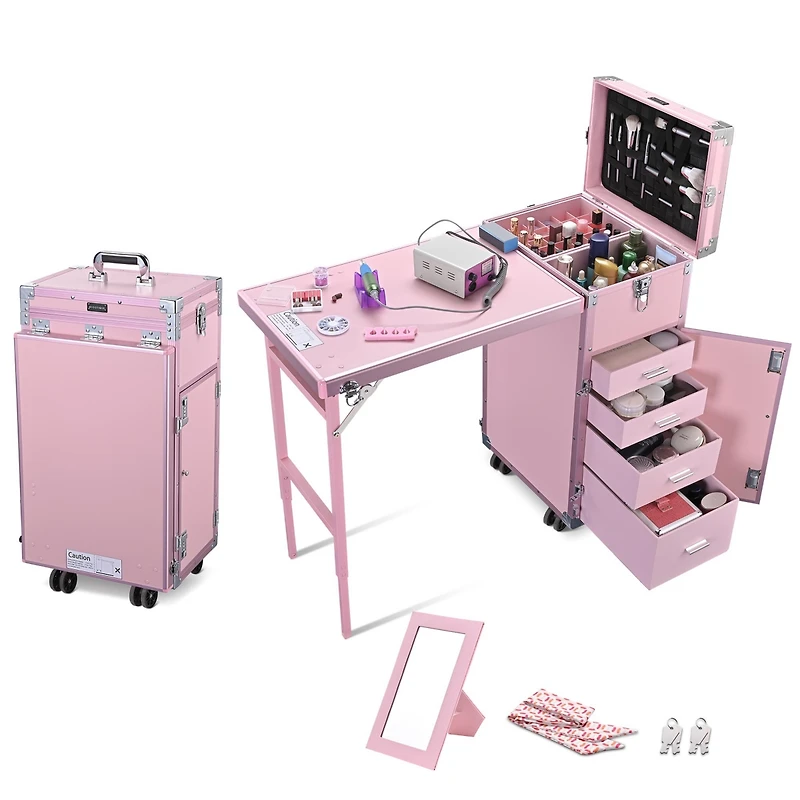 Byootique Aluminum Rolling Makeup Train Case with Table Salon Nail Trolley Cosmetic Organizer Black