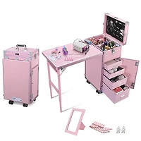 Byootique Aluminum Rolling Makeup Train Case with Table Salon Nail Trolley Cosmetic Organizer Black