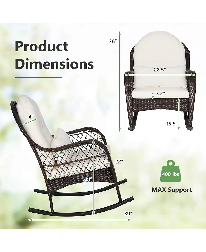Sugift Patio Rattan Rocking Chair with Seat Back Cushions and Waist Pillow