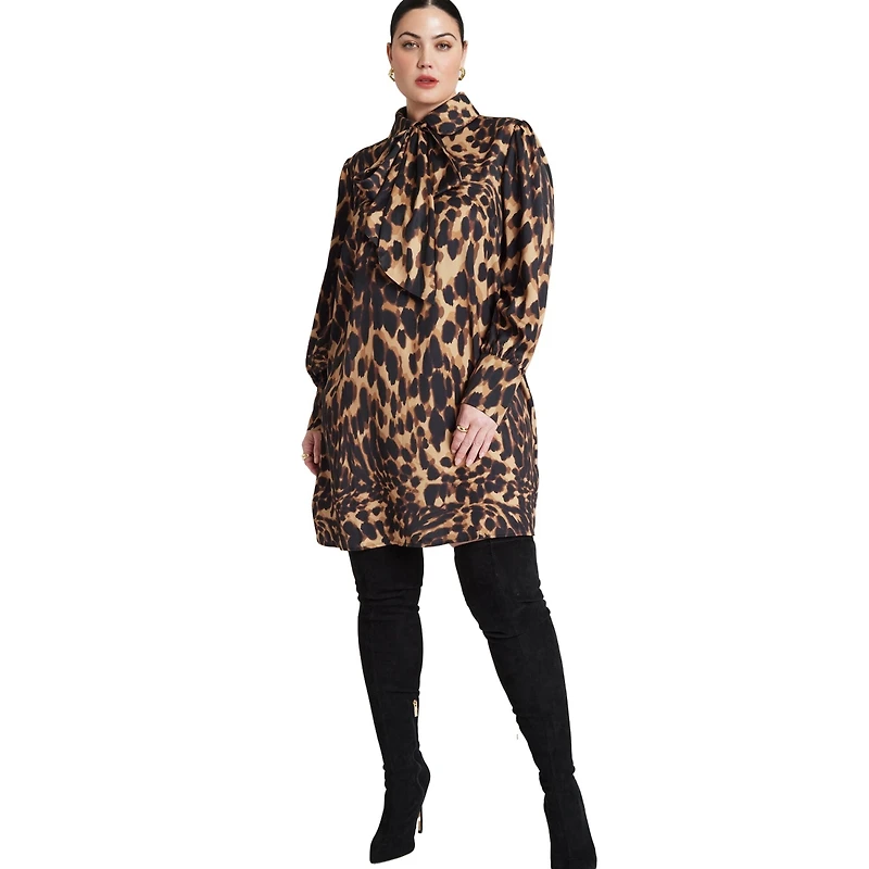 Eloquii Women's Plus Leopard Bow Tie Mini Dress