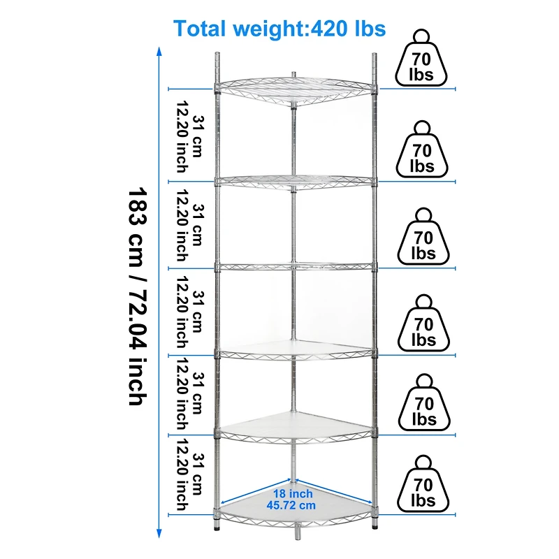 Streamdale Furniture 6-Tier Corner Wire Shelf - Chrome