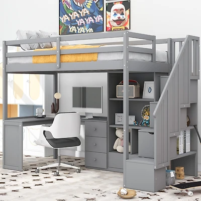 Streamdale Twin Loft Bed with Desk, Storage, and Staircase White