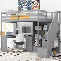 Streamdale Twin Loft Bed with Desk, Storage, and Staircase White