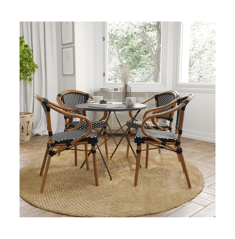 Merrick Lane Sacha Set Of Four Stacking Thonet Bistro Style Chair With Arms, Pe Rattan Seat, And Bamboo Metal Frame For Indoor/Outdoor Use
