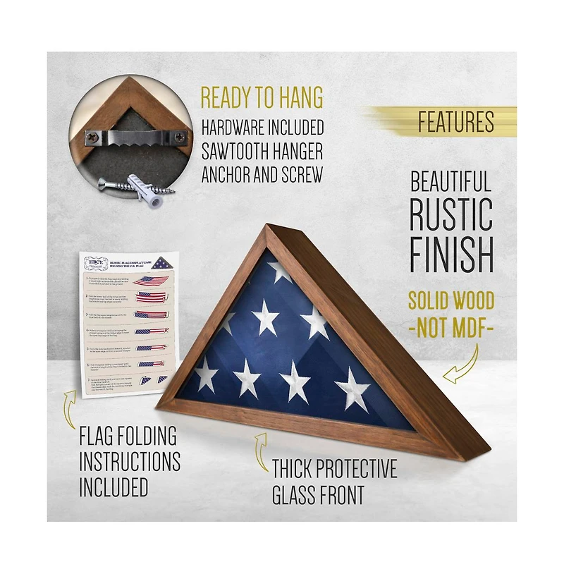 Hbcy Creations Rustic Flag Case - Solid Wood Military Flag Display Case For 9.5 X 5 American Veteran Burial Flag, Wall Mounted Burial Flag Frame