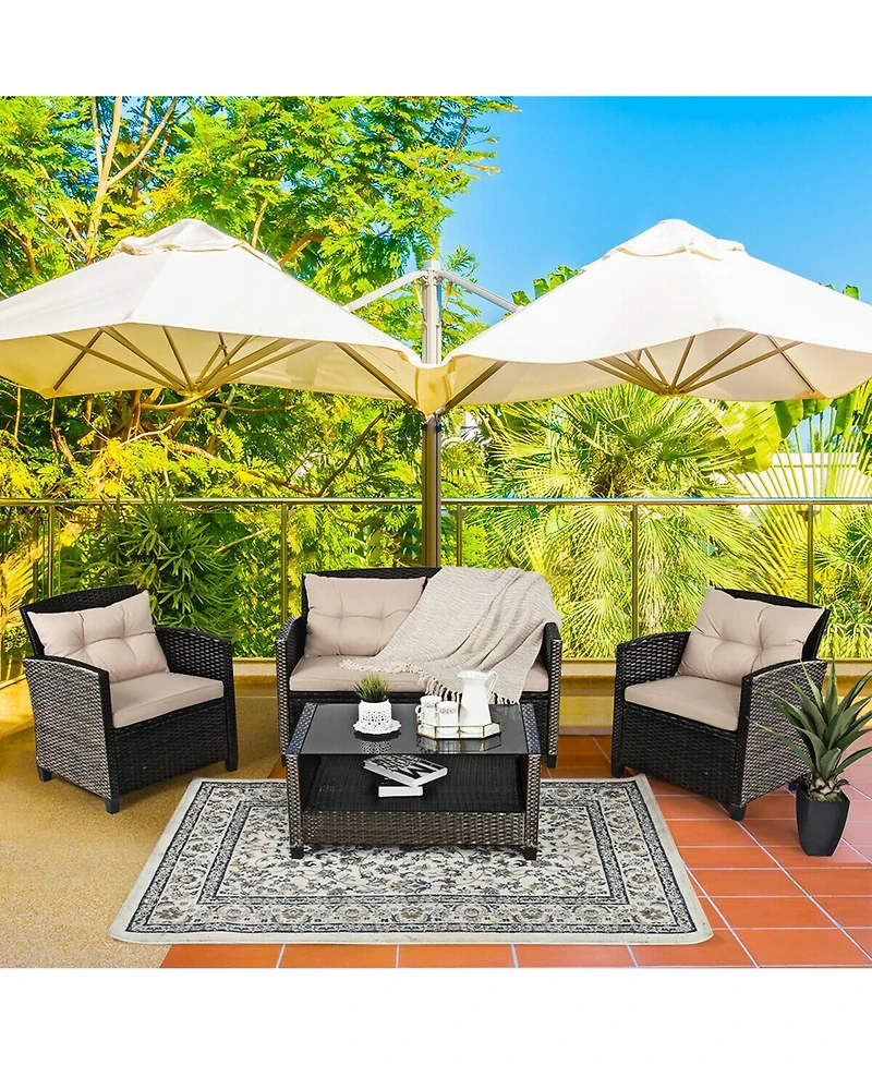 Gymax 4pcs Patio Rattan Conversation Set Cushioned Outdoor Furniture Set