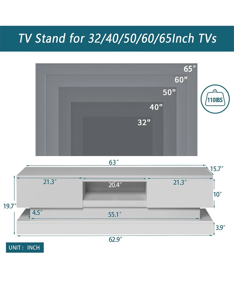 Streamdale 63 Inch Modern Tv Stand With Led Lights, High Glossy Front Tv Cabinet