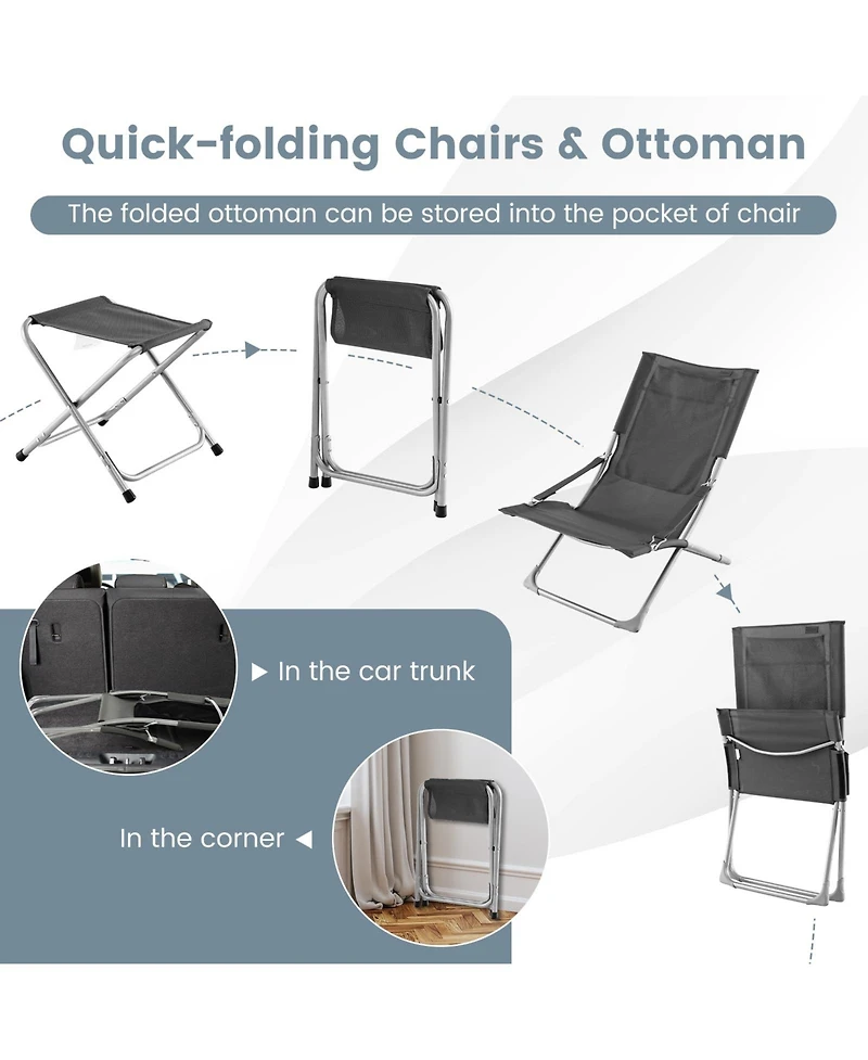 Inolait Sugift 5-Piece Patio Sling Chair Set Folding Lounge Chairs with Footrests and Coffee Table