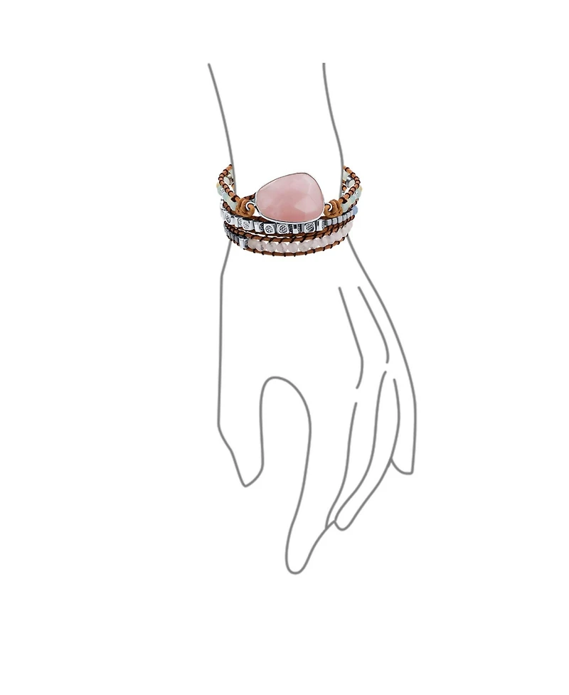 Bling Jewelry Tree Of Life Medallion Natural Rose Quartz Aqua Amazonite Beaded Brown Leather Multi Strand Triple Wrap Bracelet Adjustable