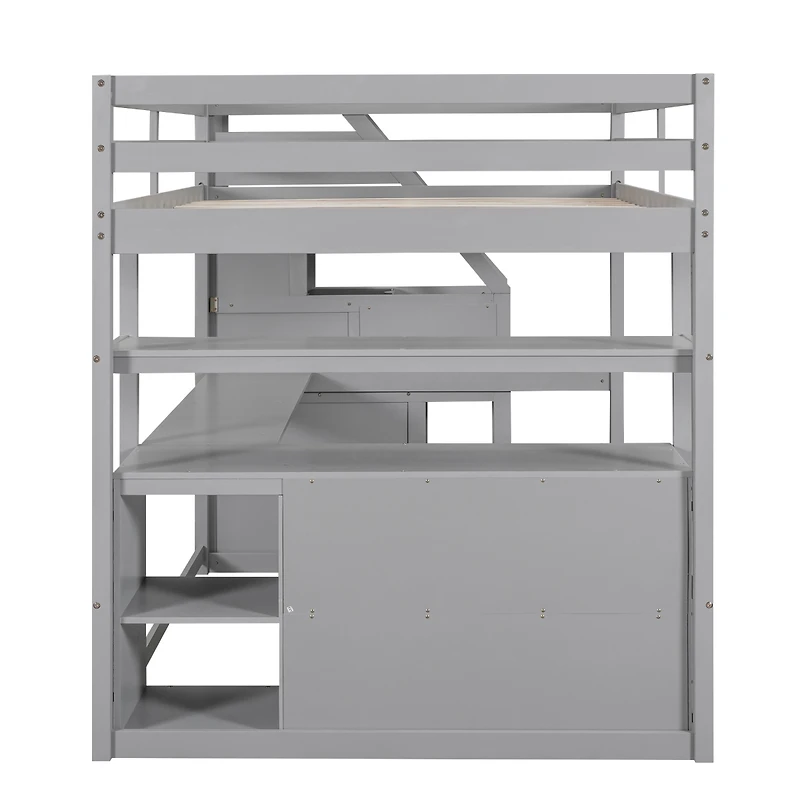 Simplie Fun Full Loft Bed With Desk And Shelves, Two Built-In Drawers, Storage Staircase, Gray