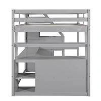 Simplie Fun Full Loft Bed With Desk And Shelves, Two Built-In Drawers, Storage Staircase, Gray