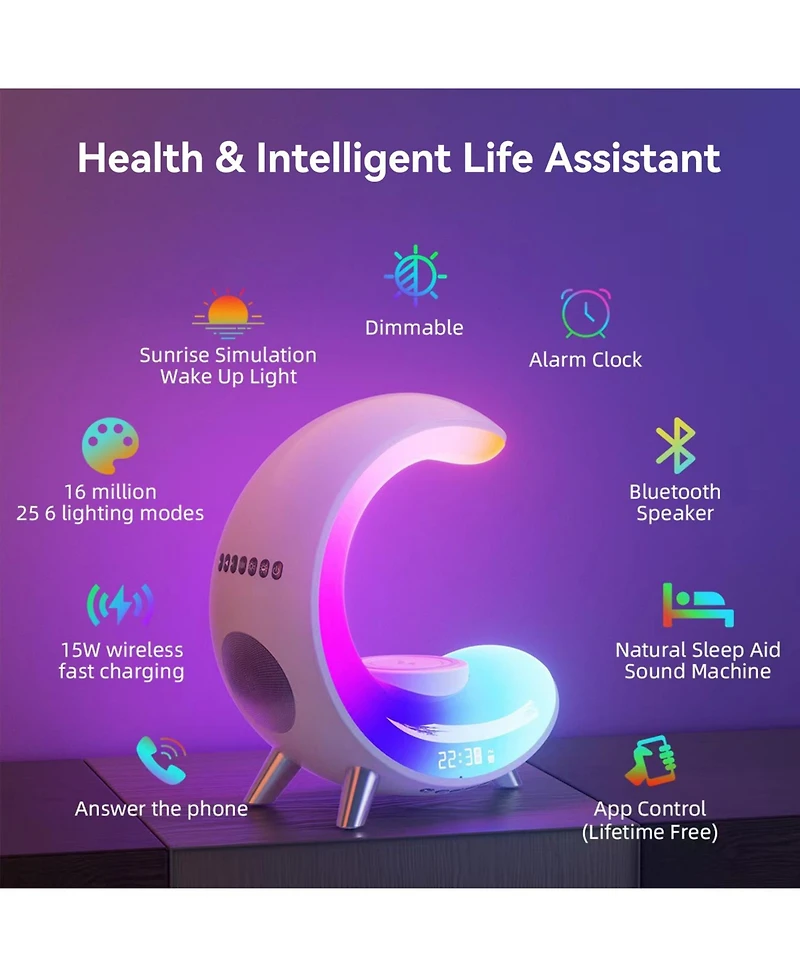 Eco4Life Smart WiFi Atmosphere Desk Lamp with Alarm Clock, Bluetooth Speaker, Wireless Charging Station