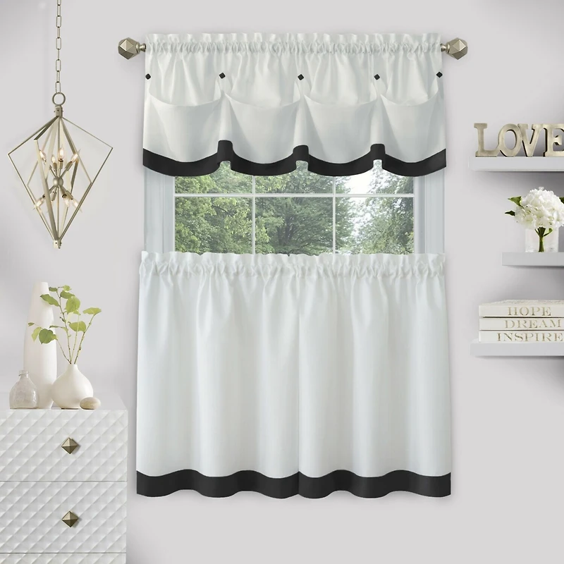 Kate Aurora Country Living Farmhouse 3 Pc Solid Cafe Kitchen Curtain Tier & Tucked Valance Set