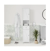 Merrick Lane Delilah Slim Linen Tower Organizer With Storage Drawer, Upper And Lower Cabinets With Magnetic Closure Doors And Open Shelf