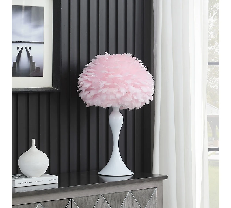 Streamdale 18.25"In Soft Pink Feather Aquina Crisp White Contour Glam Table Lamp