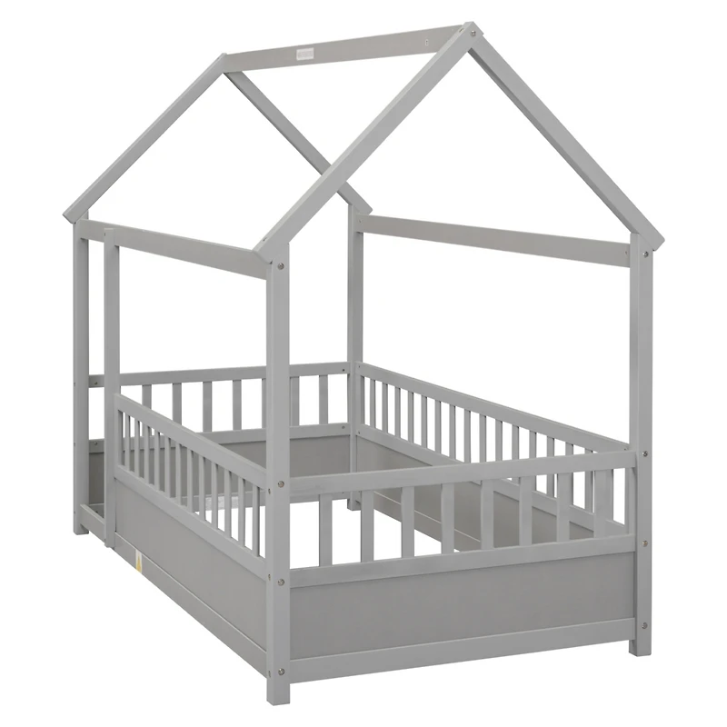 Streamdale Furniture Twin Floor Wooden Bed with House Roof Frame, Fence Guardrails