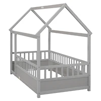 Streamdale Furniture Twin Floor Wooden Bed with House Roof Frame, Fence Guardrails