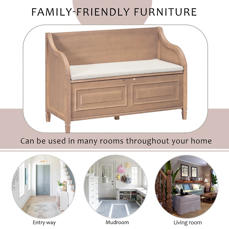 Streamdale Furniture Rustic Style Solid Wood Entryway Multifunctional Storage Bench With Safety Hinge (Gray Wash+ Beige)