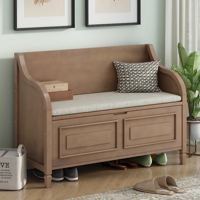 Streamdale Furniture Rustic Style Solid Wood Entryway Multifunctional Storage Bench With Safety Hinge (Gray Wash+ Beige)