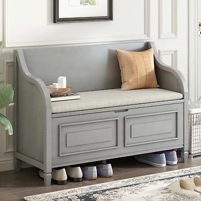 Streamdale Furniture Rustic Style Solid Wood Entryway Multifunctional Storage Bench With Safety Hinge (Gray Wash+ Beige)