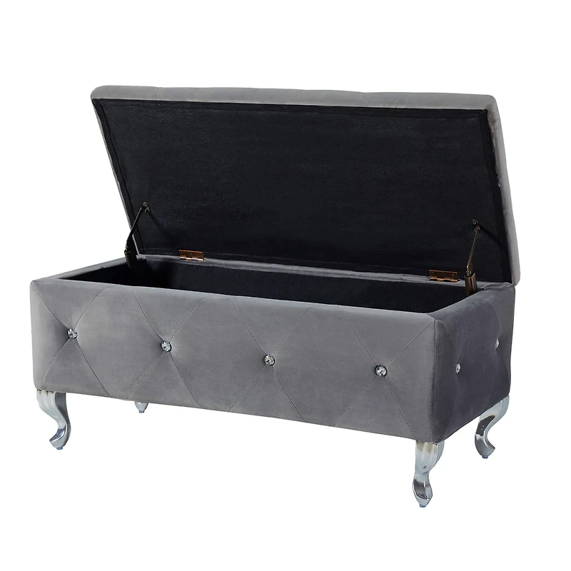 Streamdale Grey Tufted Storage Ottoman Bench With Crystal Buttons