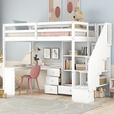 Streamdale Twin Loft Bed with Desk, Storage, and Staircase White