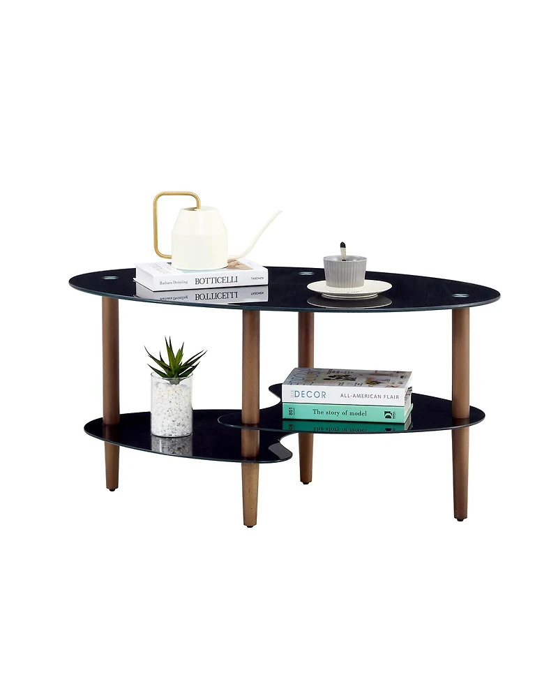 Streamdale Furniture Modern 3-Layer Glass Coffee Table with Oak Wood Legs