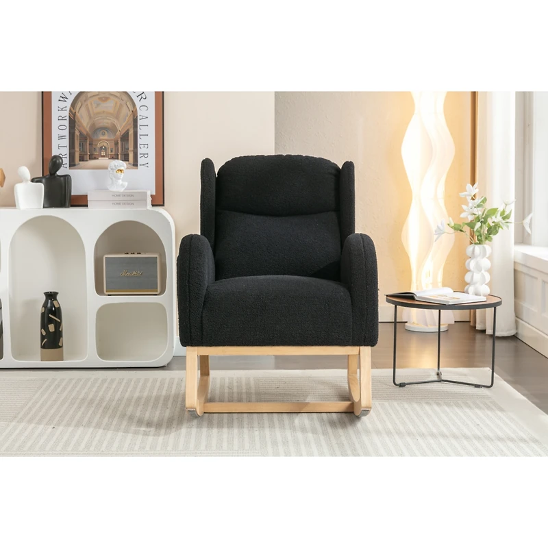 Streamdale Furniture Teddy Fabric Rocking Chair With Packet Wood Legs, Black