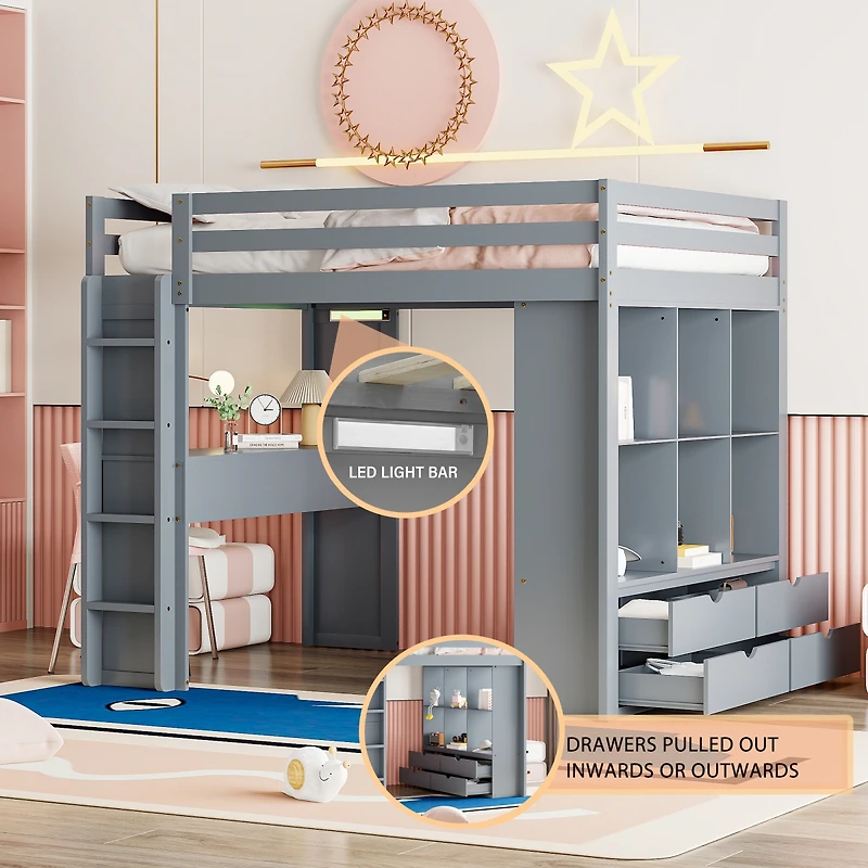 Simplie Fun Full Loft Bed With Large Shelves, Writing Desk And Led Light, White