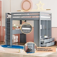 Simplie Fun Full Loft Bed With Large Shelves, Writing Desk And Led Light, White